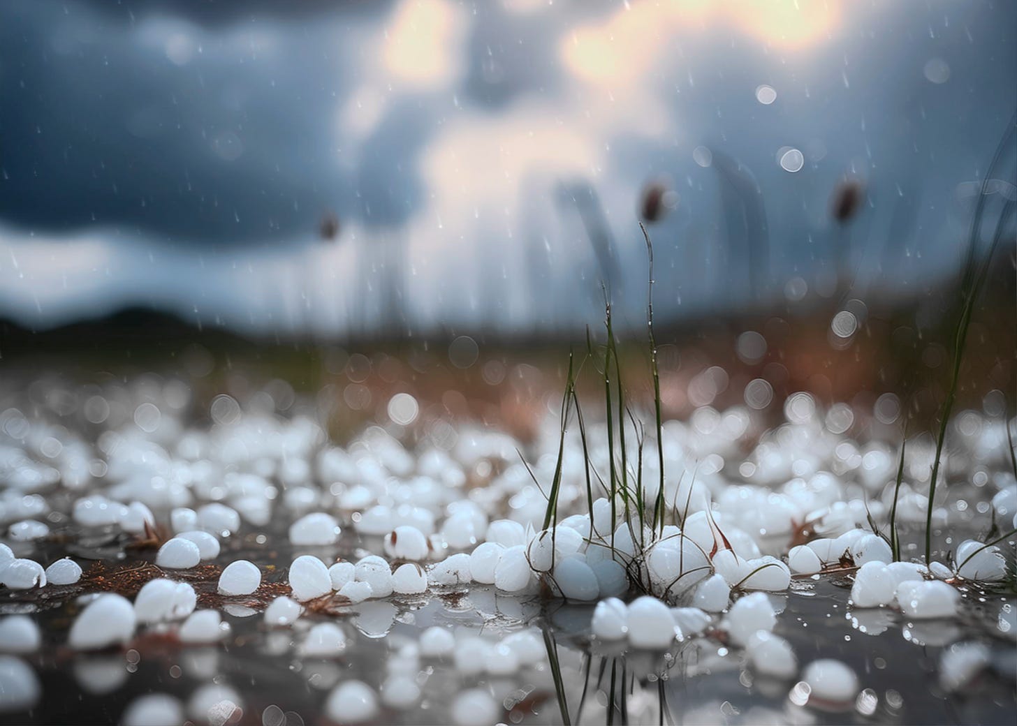 surreal closeup view of hail on marsh grass and mud with storm clouds above