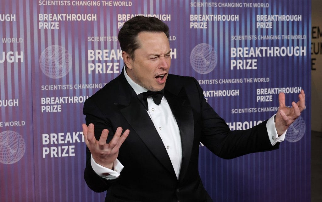 Elon Musk attends the 10th Annual Breakthrough Prize Ceremony at Academy Museum of Motion Pictures on April 13, 2024 in Los Angeles,