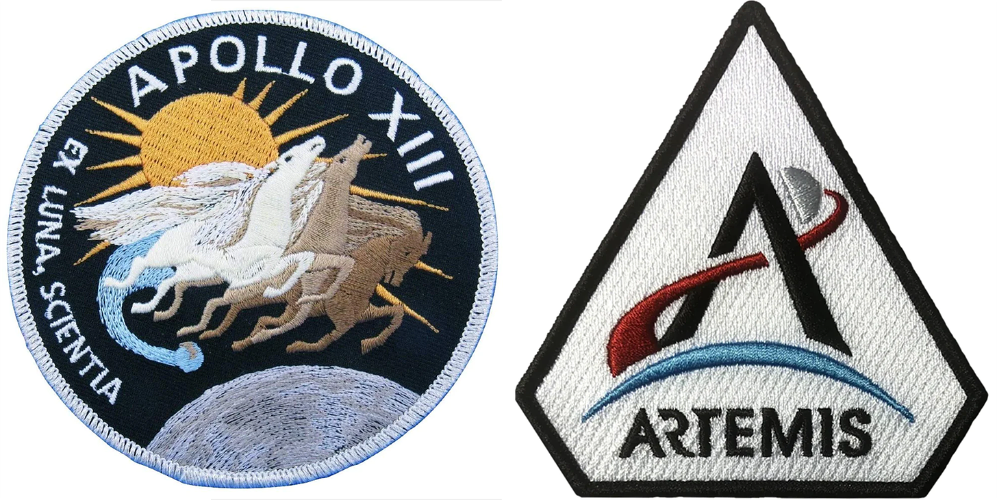 On the left, an Apollo 13 patch with winged horses flying past a sun; on the right, a triangular patch with the word Artemis and a giant A