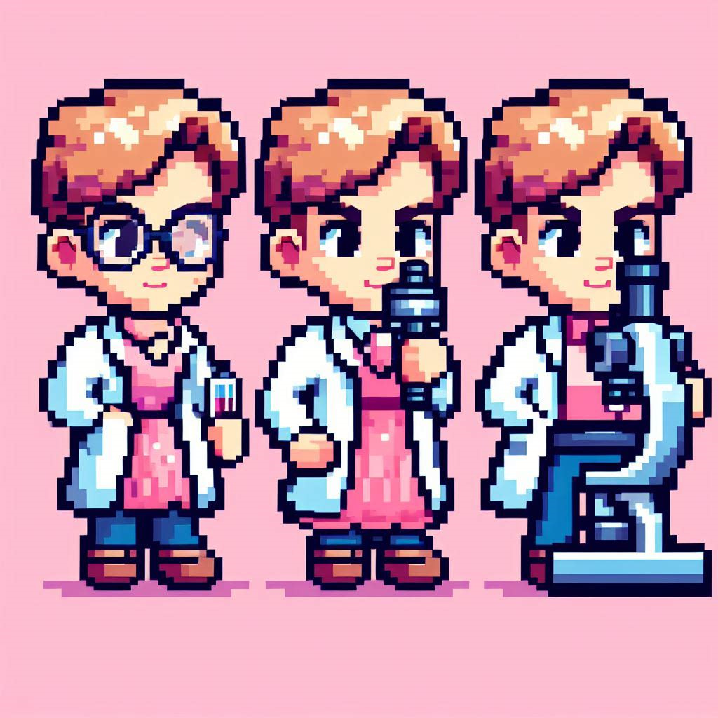 pink background. 3 androgynous cartoon scientists are working next to each other