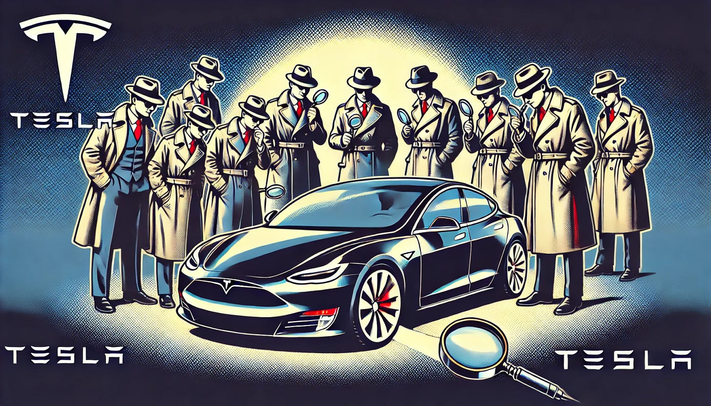 A pop-art style illustration in 16:9 format, featuring a Tesla car surrounded by private investigators. The investigators are wearing trench coats, fedoras, and holding magnifying glasses, inspecting the car closely from various angles. The Tesla logo is prominent, and the setting feels like an investigation scene, with intense focus on the car, symbolizing a formal inspection.