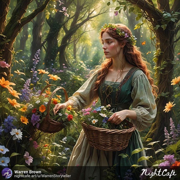 Woman collecting flowers in the woods.