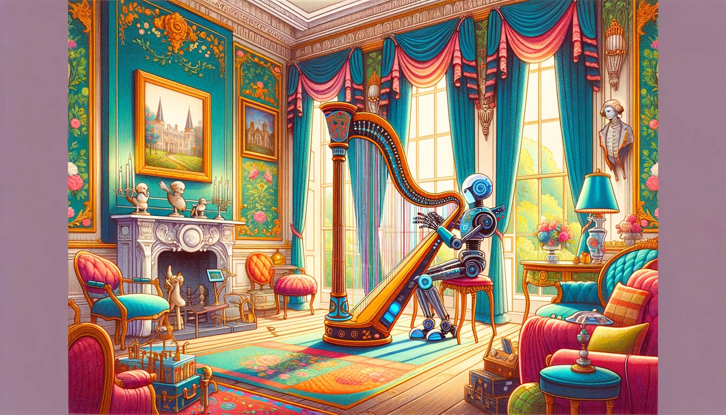 a robot playing a harp in an 18th century drawing room, depicted in a colorful, whimsical style typical of children's book illustrations