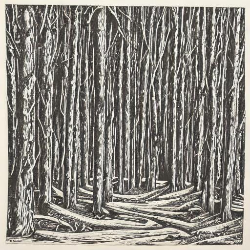 ilustração em preto e branco estilo xiolgravura mostrando diversas árvores de pé, mas somente a madeira, sem as copas, e mais um tanto de trocos derrubados, formando uma trilha de árvores mortas