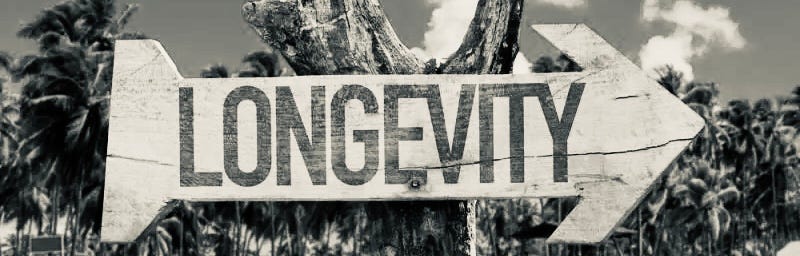 Wooden sign with “longevity” written on it, pointing to the right and the future for the aging.