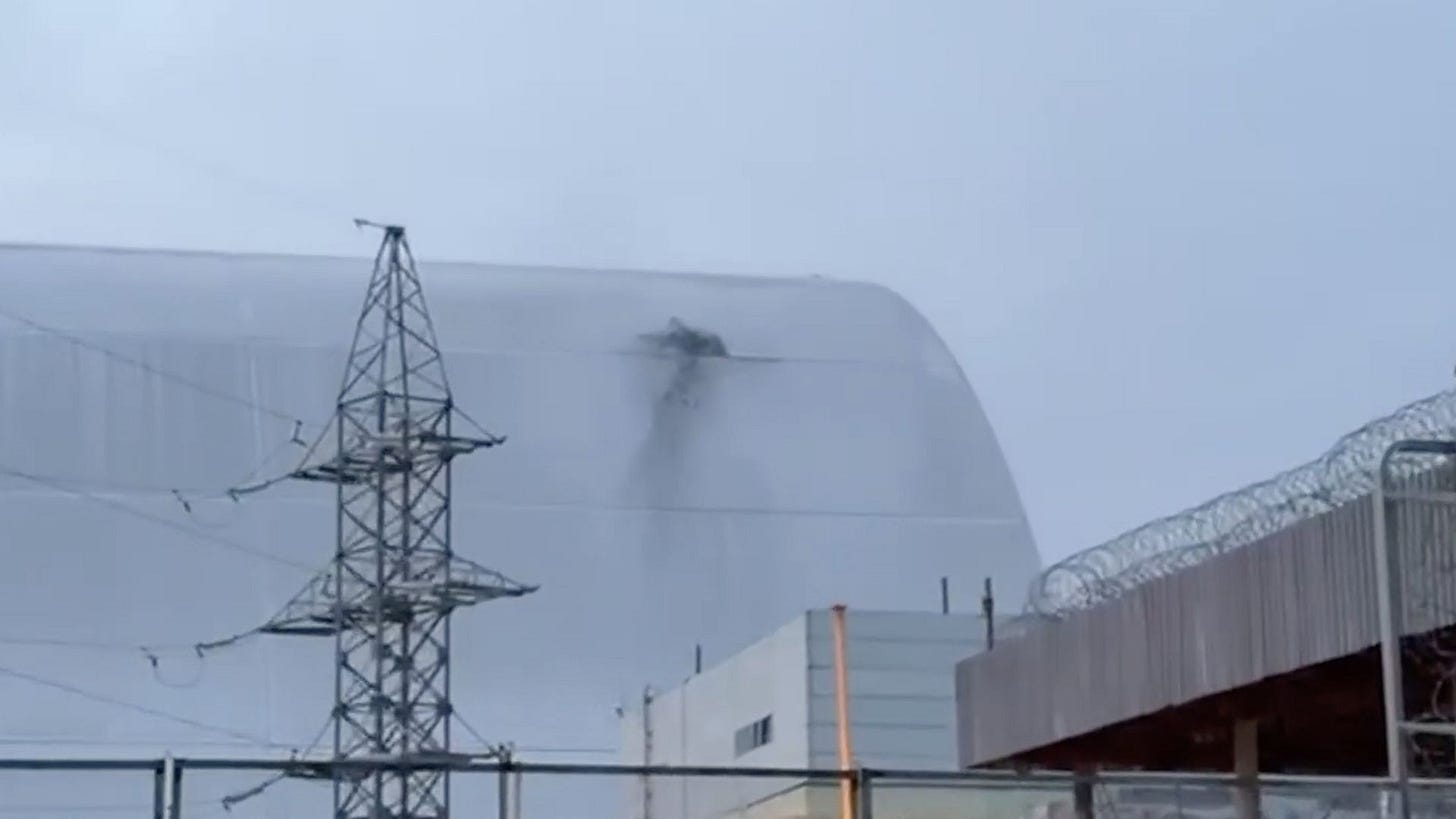 screen grab from a video shared by the Ukrainian President Volodymyr Zelenskyy shows the damage after a Russian drone hit the protective shelter of the destroyed fourth power unit at the Chornobyl Nuclear Power Plant, in Chernobyl, Ukraine on February 14