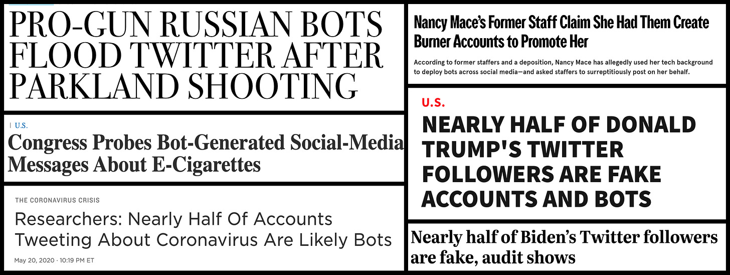 Six headlines: "Pro-Gun Russian Bots Flood Twitter After Parkland Shooting", "Congress Probes Bot-Generated Social-Media Messages About E-Cigarettes", "Researchers: Nearly Half Of Accounts Tweeting About Coronavirus Are Likely Bots", "Nancy Mace's Former Staff Claim She Had Them Create Burner Accounts To Promote Her", "Nearly Half Of Donald Trump's Twitter Followers Are Fake Accounts And Bots", and "Nearly Half Of Biden's Twitter Followers Are Fake, Audit Shows"