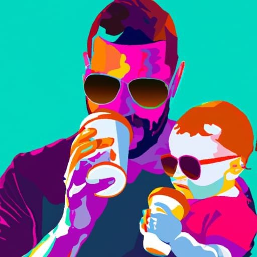 Dad and Baby In Sunglasses drinking a coffee