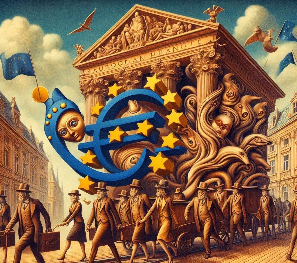 Surrealist, antique art piece showing European banking