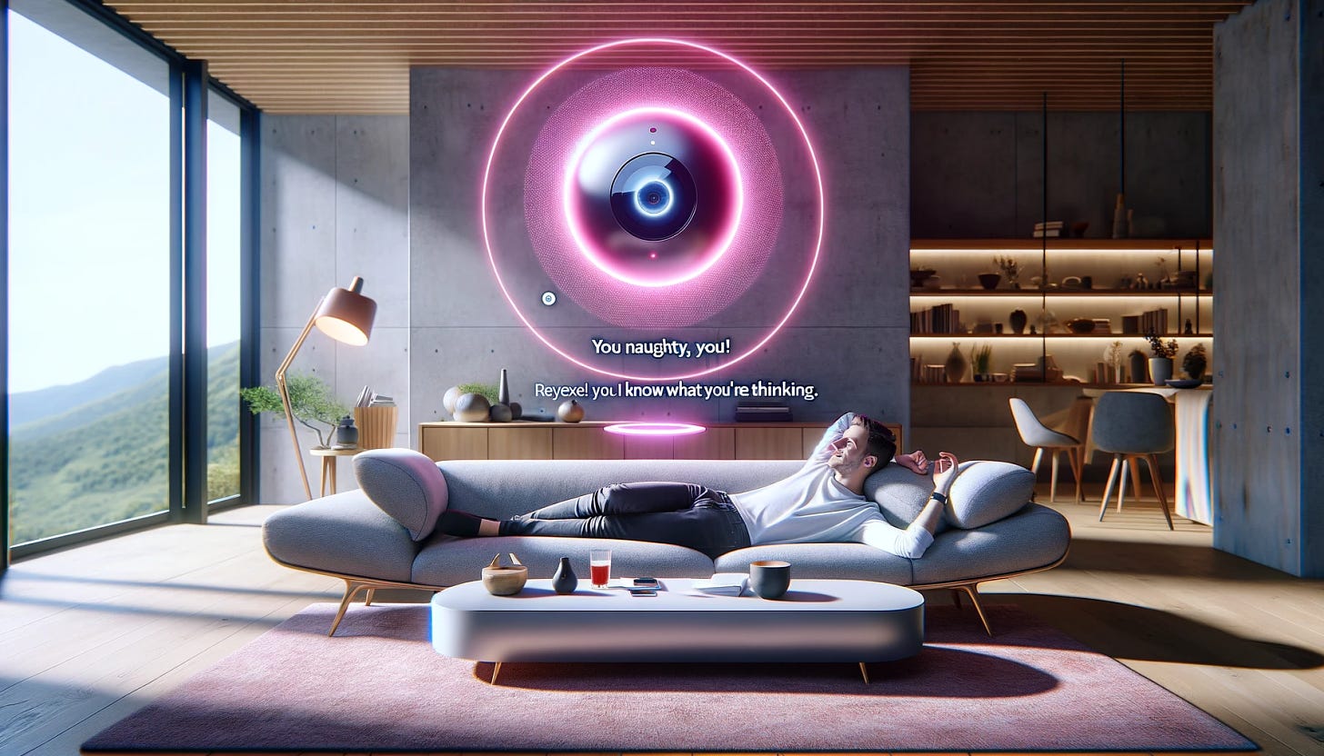 Imagine a scene that is very photorealistic and presented in widescreen. In this image, a young man is lying back on a comfortable, modern sofa in a living room filled with the soft glow of natural light. The room is tastefully decorated, embodying contemporary elegance with a touch of minimalism. Next to the sofa, on a minimalist coffee table, there's an advanced gadget. This device projects a hologram above it, which takes the simple form of a hot pink circle with a playful demeanor, and a speech bubble that teasingly states, "You naughty, you! I know what you're thinking." This scenario illustrates the playful interaction between the young man and a piece of futuristic technology that blends seamlessly into his everyday life, all captured in a photorealistic widescreen view.