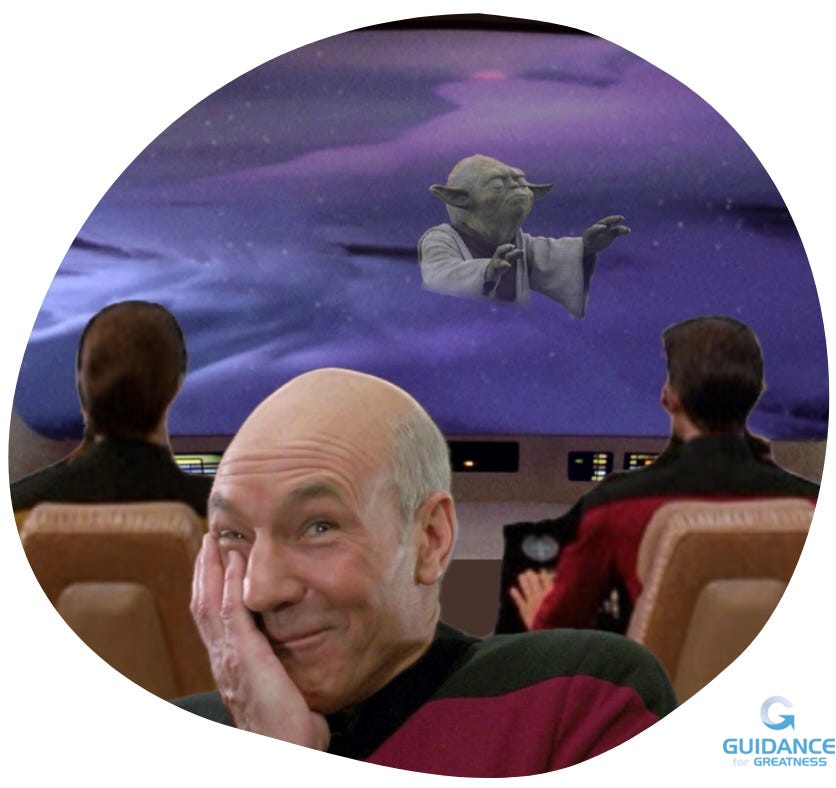Jean-Luc Picard in the foreground. His chin is in his right palm and he is grinning puckishly. two starship officers sit at console behind him facing away from the viewer toward a starship view screen. On the screen are purplish space clouds and stars with an etherial Yoda appearing to perform a magic trick in space. the whole image is with an uneven circle.
