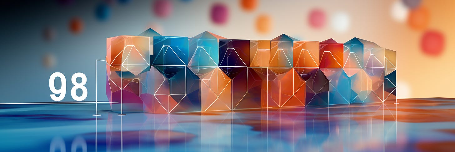 A panoramic digital artwork featuring a series of translucent, crystalline shapes resembling icebergs or diamonds, rendered in a palette of blues, oranges, and pinks, giving the impression of a refractive surface. Large numbers '98' are prominent on the left, suggesting an infographic or a visualization of data.