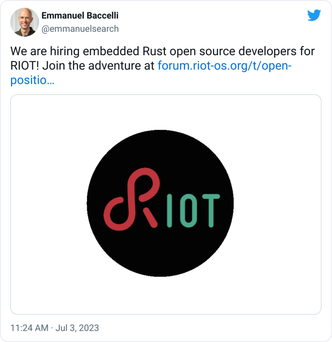 Emmanuel Baccelli @emmanuelsearch We are hiring embedded Rust open source developers for RIOT! Join the adventure at https://forum.riot-os.org/t/open-positions-on-embedded-rust-dev-for-riot/3959