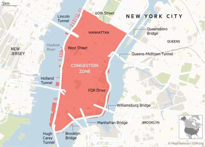 A map of New York City, noting its congestion-pricing zone and various bridges and tunnels