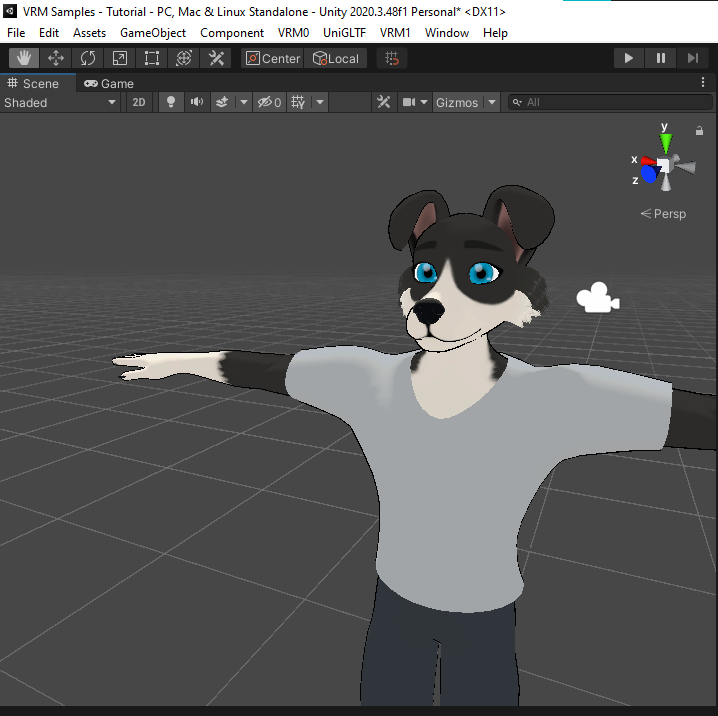 Model sample (Dogamer Boy) shaded preview in Unity scene. Zoom in view character model with perspective mode