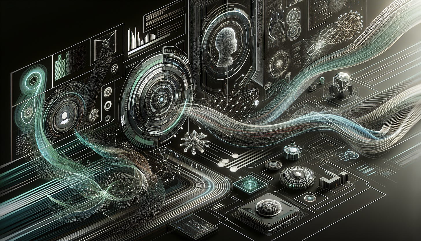 Intricate digital artwork depicting a futuristic technology theme with a blend of circuit board elements, vibrant wave patterns, and detailed icons including a human brain silhouette, various abstract and mechanical components, portrayed in a predominantly black and neon color scheme.