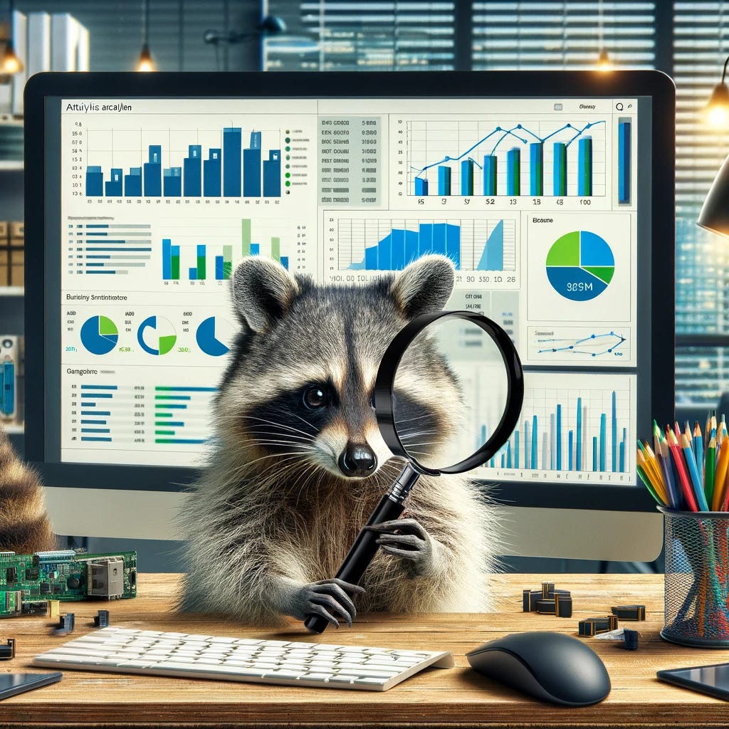 A curious raccoon holding a magnifying glass, looking at a dashboard full of analytics charts and graphs. The setting is an office filled with computers and tech gadgets, symbolizing the exploration and misunderstanding of complex analytics by engineers.