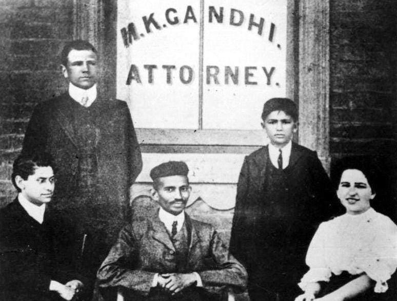 Mohandas Gandhi (sitting in the centre) in South Africa. Credits: IndiaAbroad