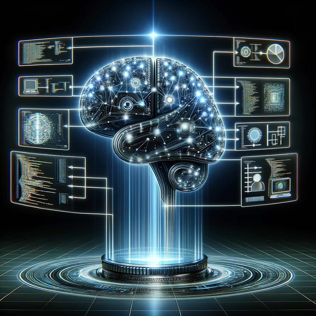 A conceptual and abstract image of a large language AI model processing a complex task. The image features a central, futuristic, metallic brain. This brain is connected to multiple smaller, semi-transparent holographic screens arranged in a sequence, symbolizing the breakdown of a complex task into smaller steps. Each screen displays a different aspect of the task breakdown: one shows a flowchart, another illustrates basic calculations, a third displays simplified text analysis, and another shows basic coding elements. The screens are interconnected with glowing lines, indicating the flow of thought. The background is a gradient of deep blue to black, conveying a sense of advanced technology and digital processing.