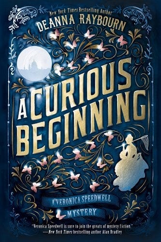 Book cover: A Curious Beginning by Deanna Raybourn, featuring floral designs on a blue background and a small icon of a female lepidopterist