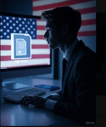 Man in suit at computer, American flag displayed on screen with a file icon and "Top Secret" text. Dim lighting, focused mood.