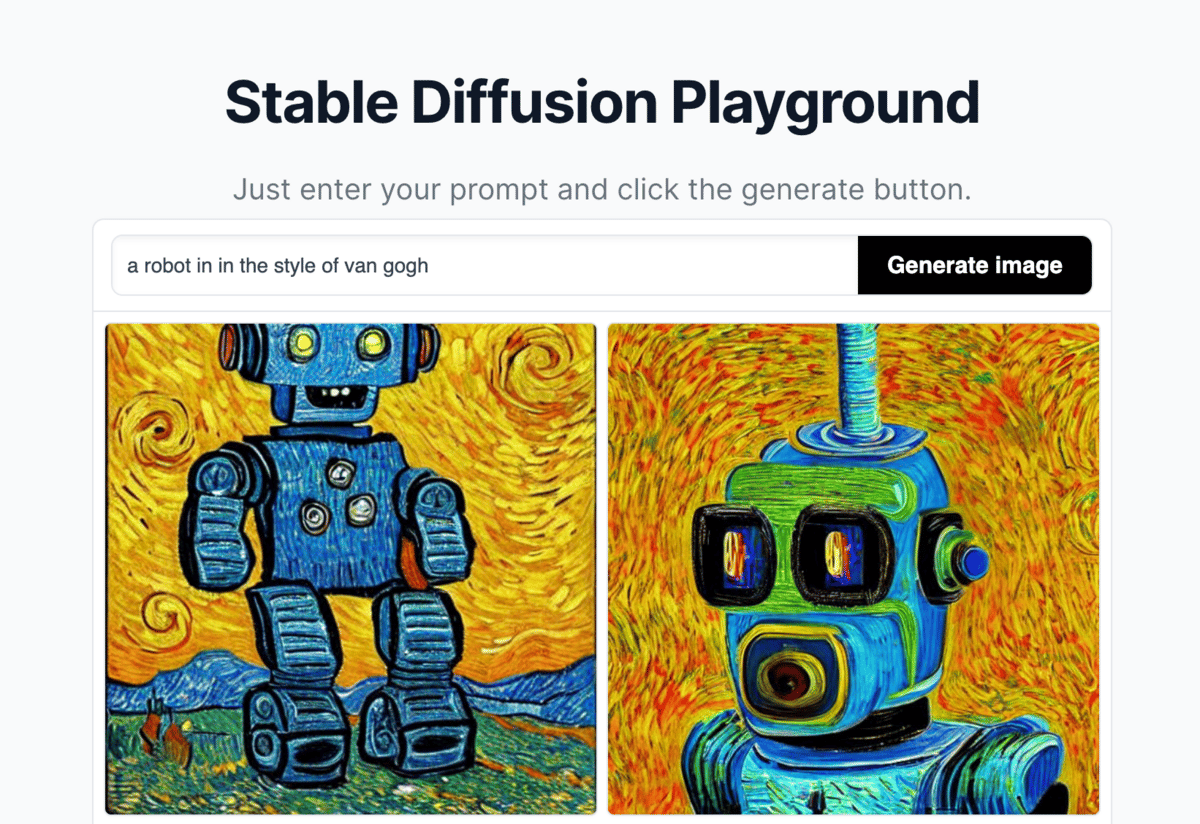 Screenshot from stable diffusion playground showing a robot in the style of can gogh