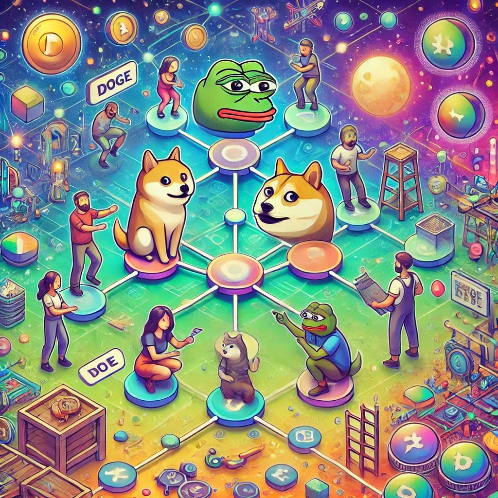 A digital illustration showing characters inspired by popular memecoins like Doge and Pepe collaborating in a vibrant ecosystem. The scene features interconnected nodes and pathways representing tools and opportunities, with characters actively building, sharing, and growing together. The environment is dynamic and colorful, emphasizing collaboration, innovation, and the transition from platforms to ecosystems. No text or symbols included.