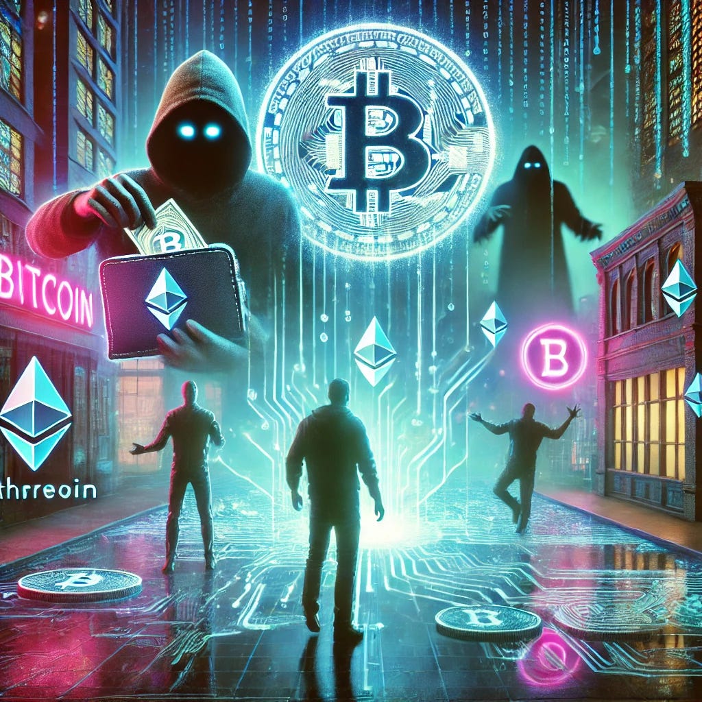 A futuristic, cyberpunk-style scene depicting digital theft. The scene features a neon-lit cityscape with holographic projections of cryptocurrency coins like Bitcoin and Ethereum being drained by shadowy, ominous figures in the background. In the foreground, a user’s digital wallet dissolves into glowing code, symbolizing theft. The colors are vibrant and dynamic, with shades of blue, pink, and green to emphasize the sci-fi atmosphere.