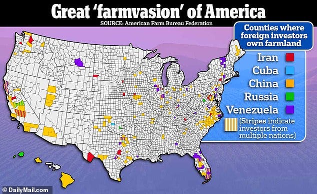 Foreign countries own at least 40 million acres of US farmland, pastures and forests, which officials claimed ¿may have consequences for national security.¿ However, a watchdog said the government is not 'reliably' tracking data on land owners. Pictured is only farmland ownership