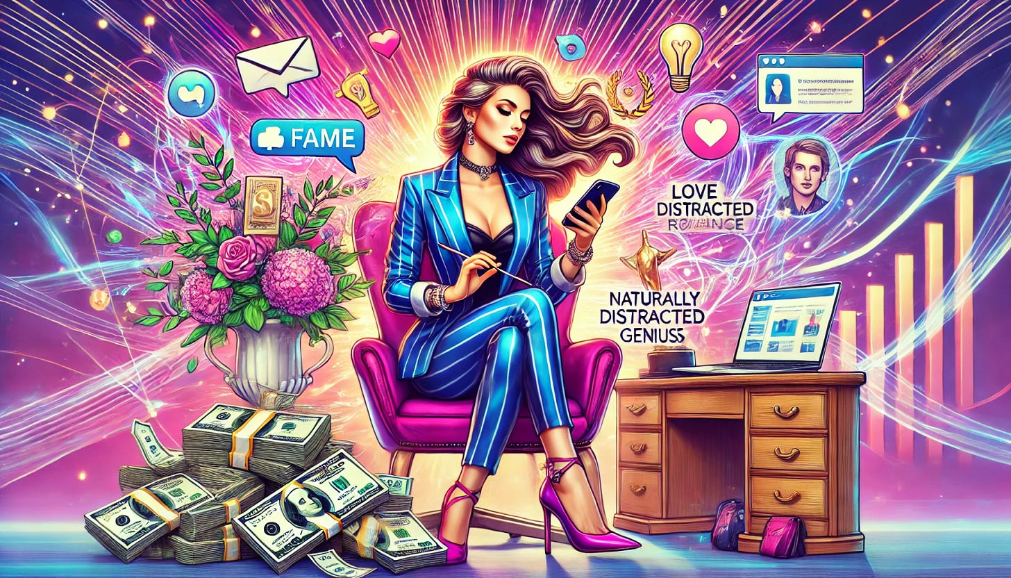 A vibrant, modern digital illustration of a successful woman who has achieved fame, fortune, and romance through her naturally distracted nature. She is stylishly dressed, sitting in a luxurious office filled with symbols of success—money stacks, awards, and a laptop open to a trending social media post. She is multitasking with a phone in one hand, casually scrolling, while love letters and texts from admirers pop up around her. Behind her, a dynamic background with swirling ideas, lightbulbs, and creative sketches represents her distracted genius. The scene is bright, energetic, and slightly chaotic but in an inspiring way. She looks confident and effortlessly in control of her ADHD-powered success.