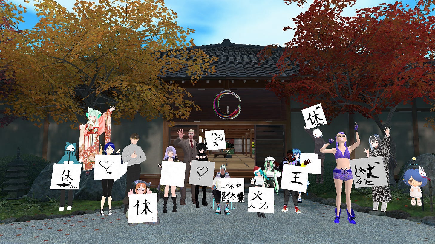 A group of VRChat users proudly showing off their canvases filled with Japanese calligraphy.