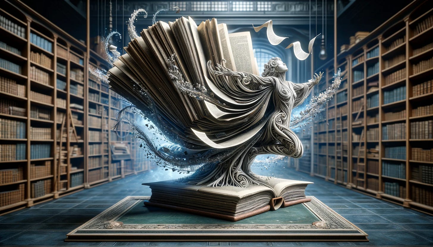 A conceptual widescreen image featuring a statue in the form of a large, intricate book at the center. The book statue is in the process of coming to life, with pages transforming into flowing robes and the spine evolving into a human-like form. This transformation symbolizes the dynamic and living nature of language, as captured in literature. The scene is set in an academic or library environment, with shelves of books and manuscripts in the background. The atmosphere should be one of intellectual awakening, blending the concept of a static book with the lively essence of language and knowledge. The tone is intellectual, creative, and inspiring, visually representing the power of written language.