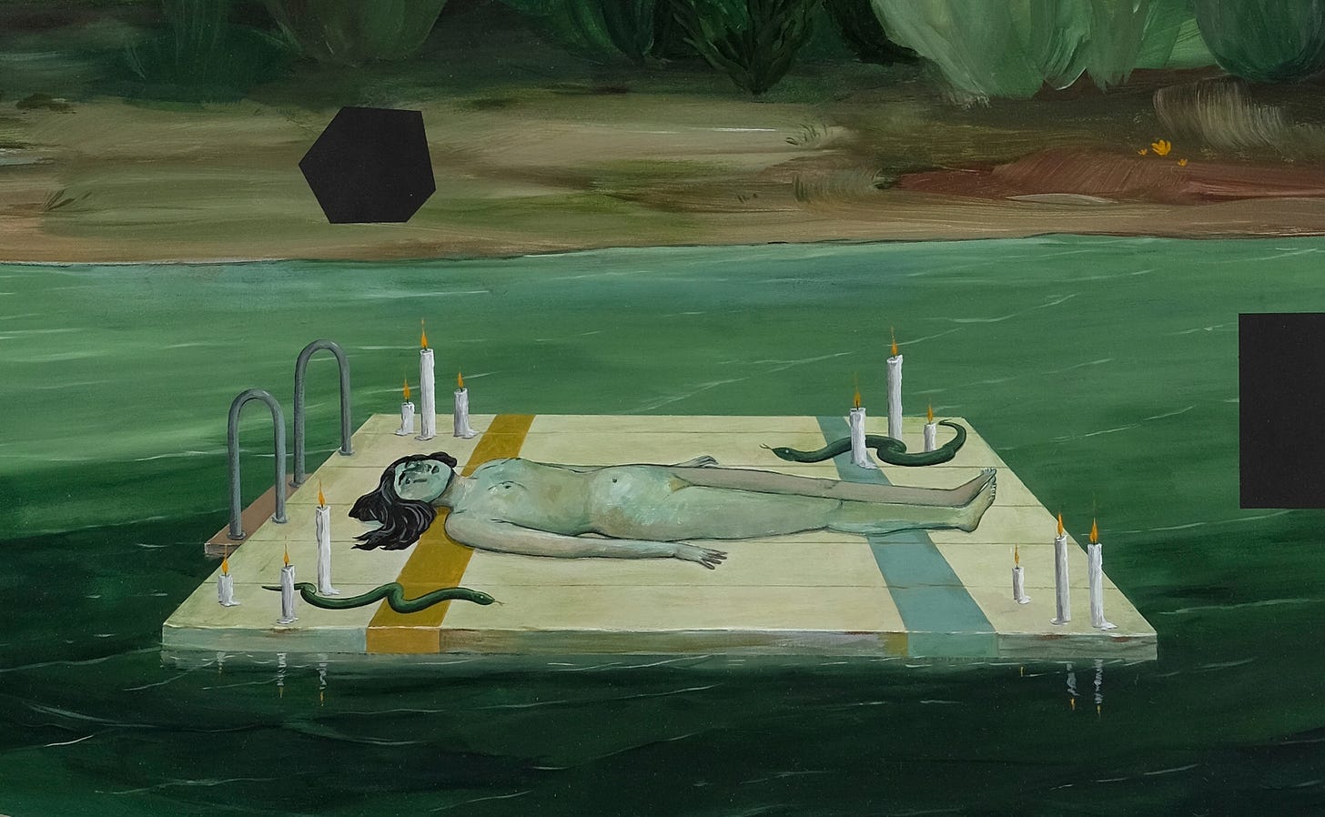 Detail of a green painting of a nude figure lying on a floating dock in green water. The figure is surrounded by snakes and lit candles.