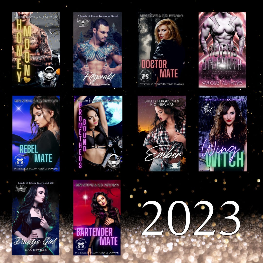 Books published in 2023. Honey Moon, Fitzgerald, Doctor Mate, Aliens on Earth, Rebel Mate, Prometheus Bound, Ember, Wing Witch, Daddy's Girl and Bartender Mate.