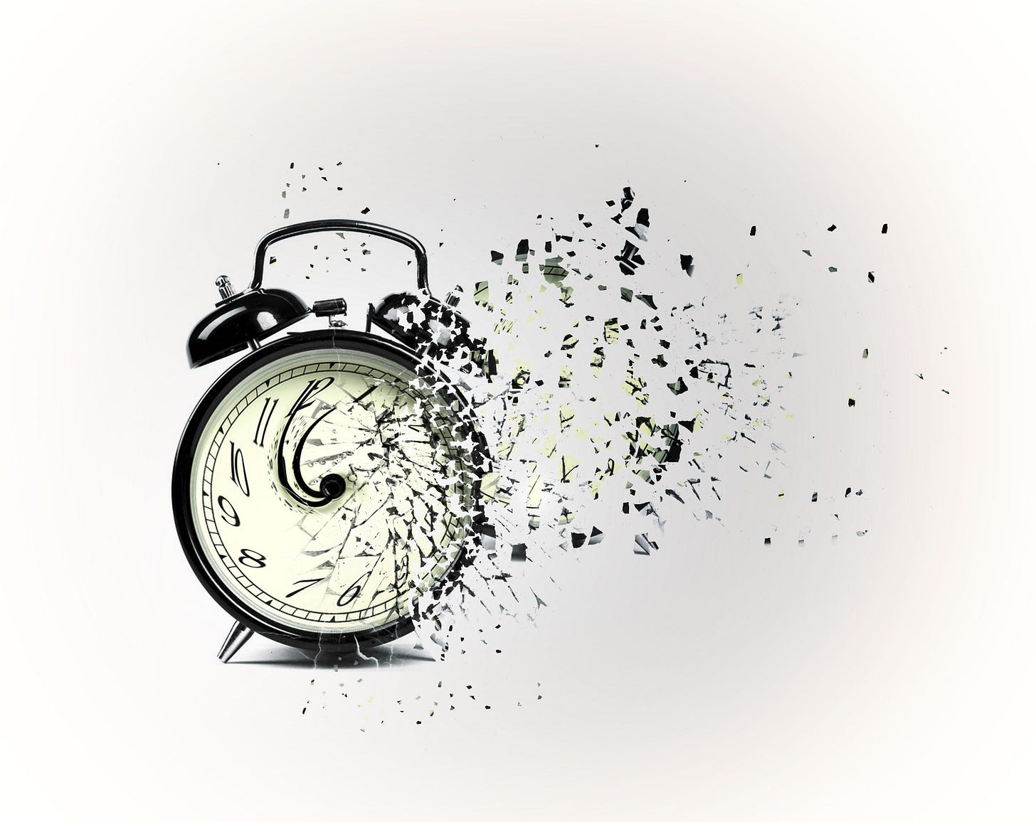 An old-fashioned clock, disintegrating into pieces floating toward the right of the image. 