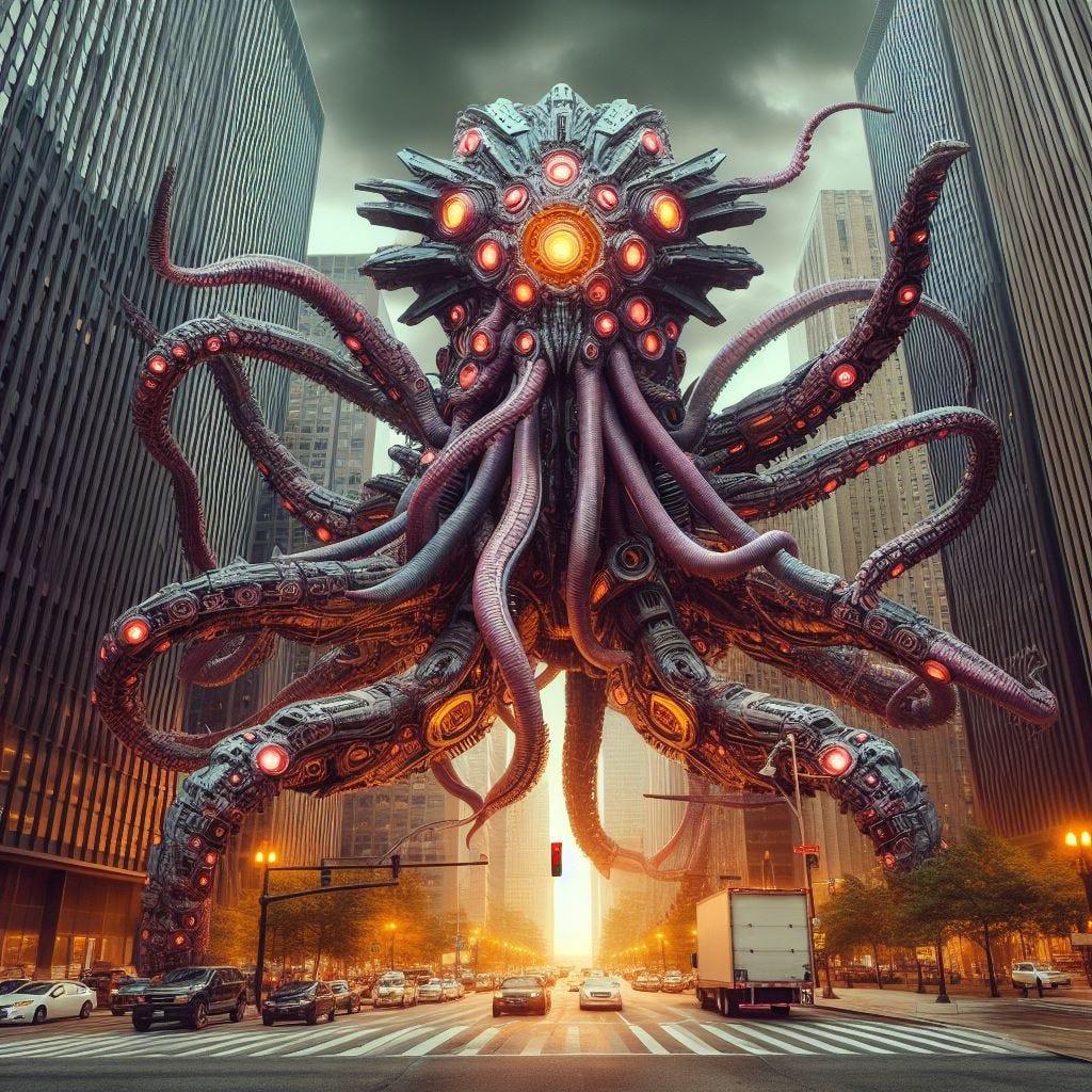 a massive and tentacled technological war machine powered by atomic energy that is in the middle of a urban downtown area
