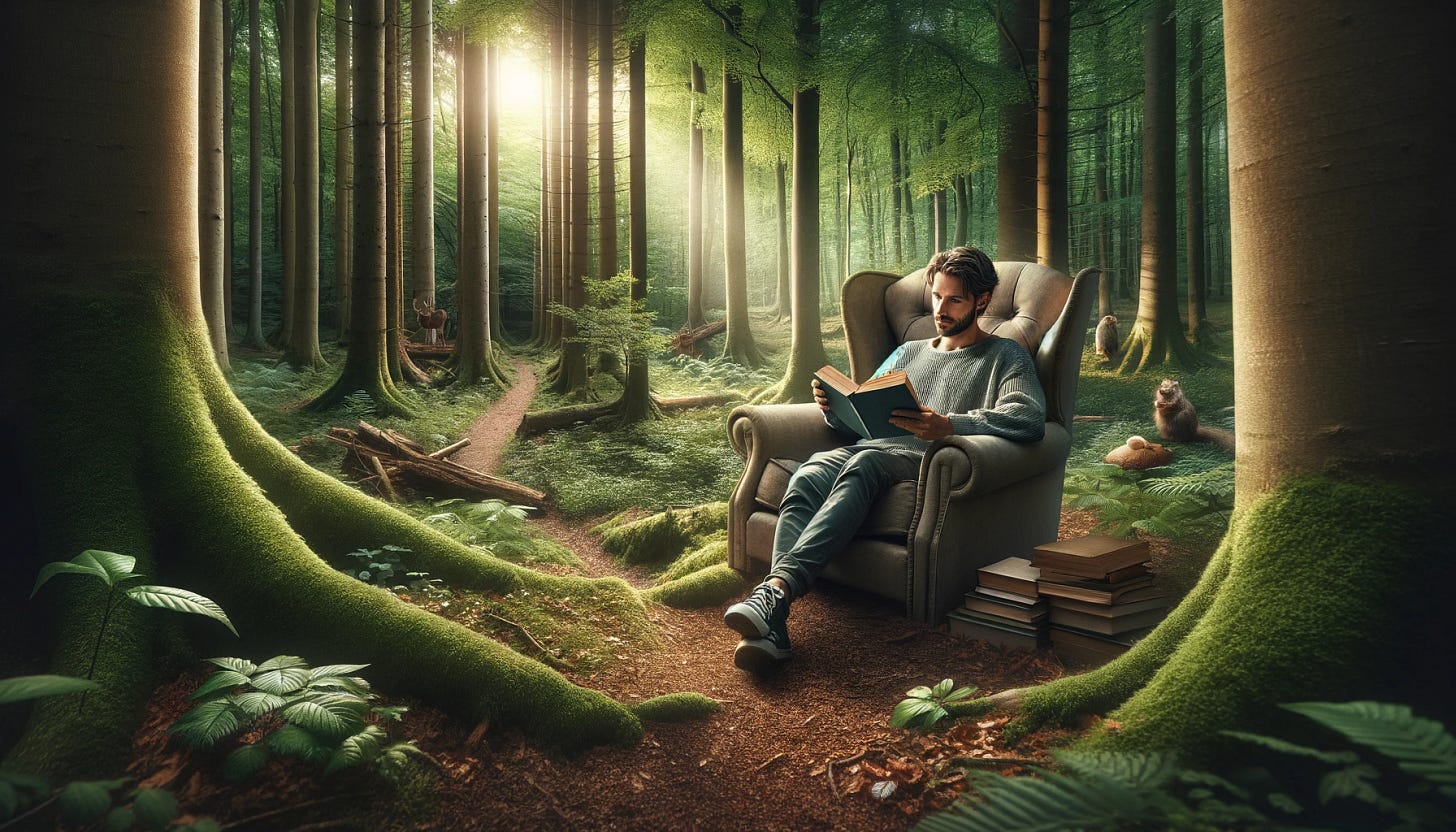 A man sat in a comfy, overstuffed armchair reading a book, surrounded by a dense, enchanted forest. The forest is lush with tall trees, thick undergrowth, and dappled sunlight filtering through the leaves. The man is engrossed in his book, with a peaceful and content expression on his face. He wears casual, comfortable clothing, and the chair looks out of place in the natural setting, adding a whimsical touch to the scene. The forest floor is covered in moss and fallen leaves, and there are a few woodland creatures like squirrels and birds nearby.