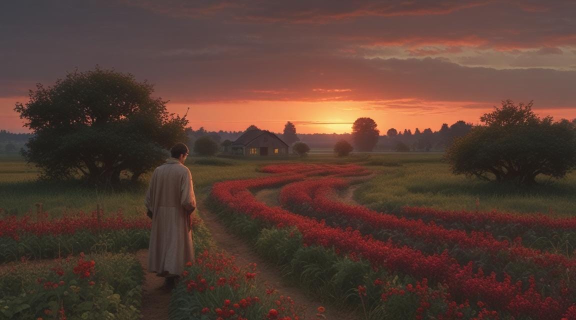 It is dusk. Cottages are in the distant background. In front of them is a field of low-growing plants with red fruit. A man in a brown robe sneaks toward them