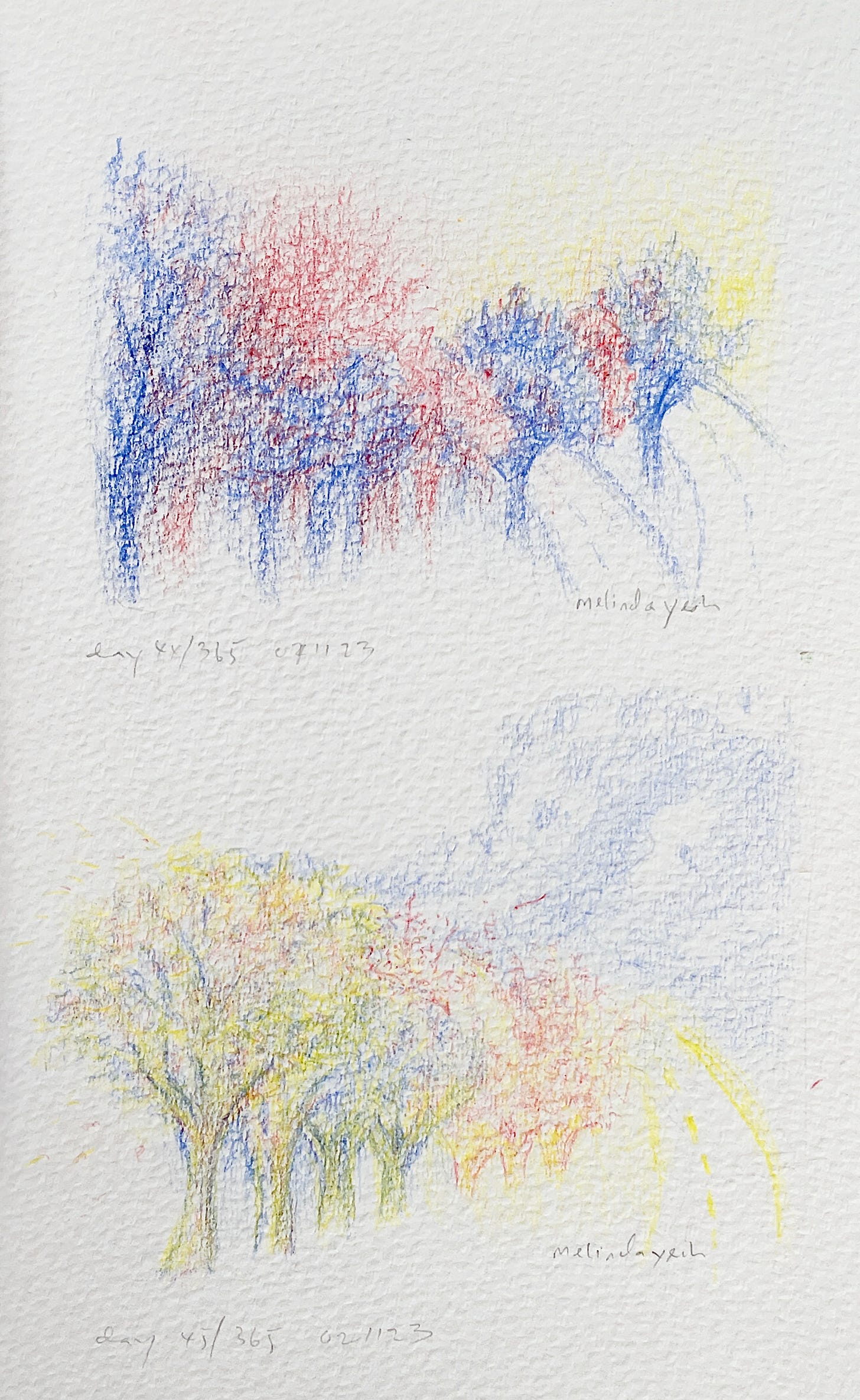 image: colour pencil drawing of same spot, different sight version 3 & 4. blue, red, yellow coloured theme trees and sky