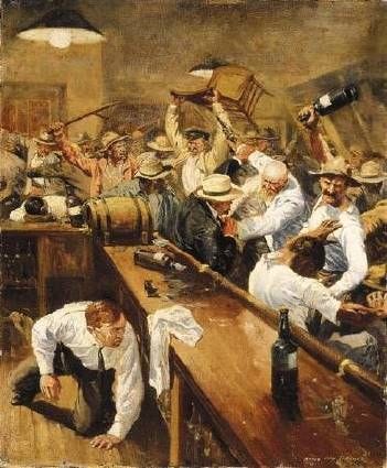 an oil painting of an absolutely bonkers barfight, in which seemingly everyone in the bar is involved in violence