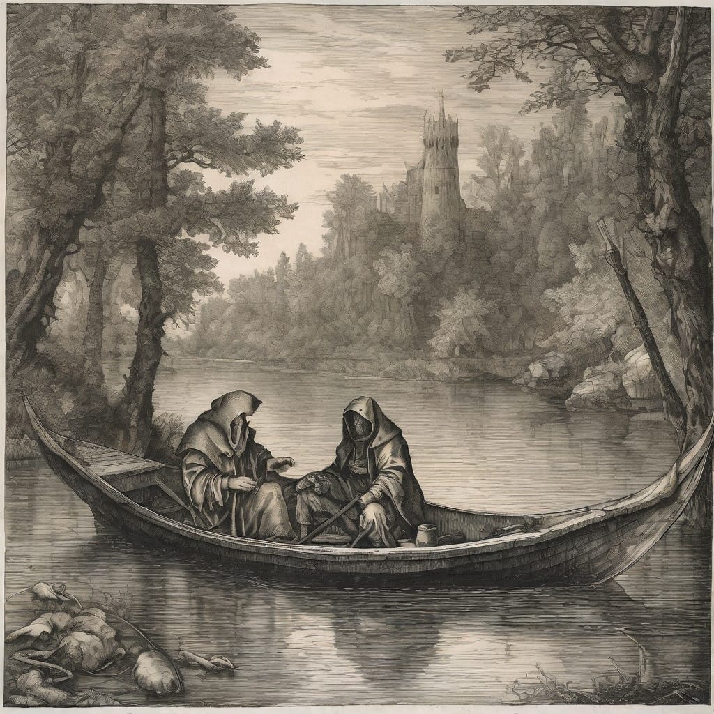 An apparent etching, dark and moody: two hooded figures in an open boat adrift on a river. No oars or other means of propulsion are clearly visible; one of the figures seems to be speaking, gesturing with their hands. The tower of a probably ruined castle looms in the background, behind some trees. And something, or some THINGS, are floating about at the lower left corner.