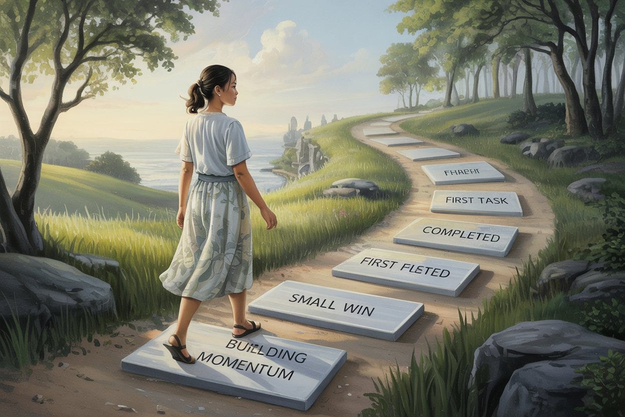 A Filipina woman walking along a peaceful, scenic path with stepping stones labeled with small wins like 'First Task Completed,' 'Small Win,' 'Building Momentum.' The path is calm and inviting, symbolizing the ease of progress. The person looks confident and encouraged, with a positive expression, walking towards a brighter future. The environment is serene, filled with bright, uplifting colors like soft blues, greens, and yellows, signifying progress and optimism. The path gently curves upwards, suggesting continuous growth without feeling overwhelming.