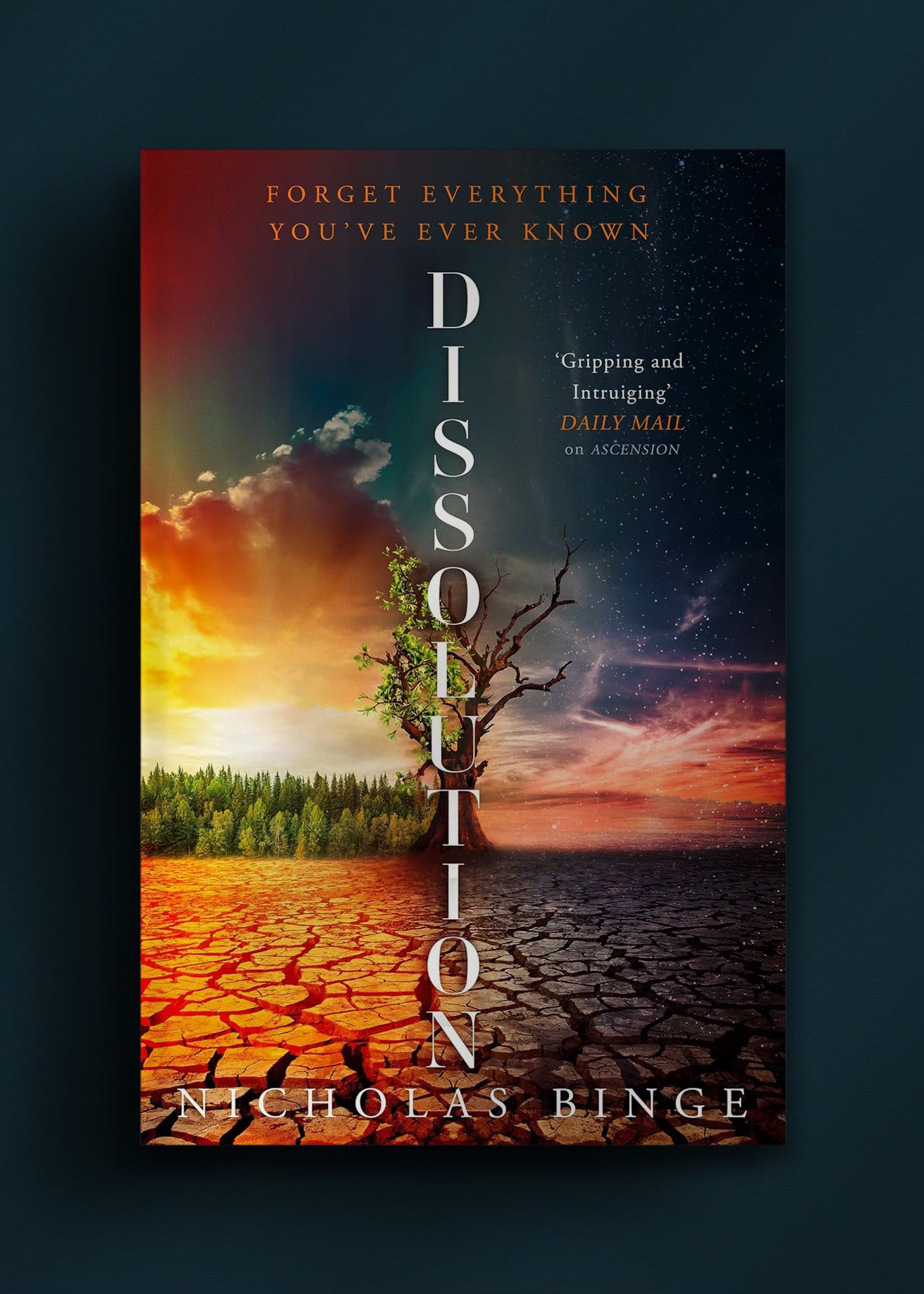 Screenshot shows a book cover DISSOLUTION by Nicholas Binge with a tree in a landscape split between day and night