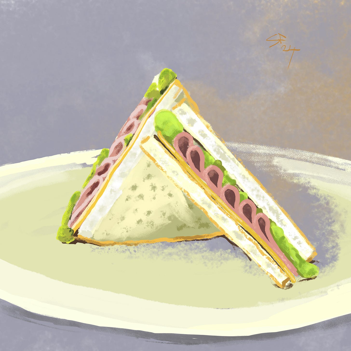 Pastel sketch: ham and cheese sandwiches on a plate.