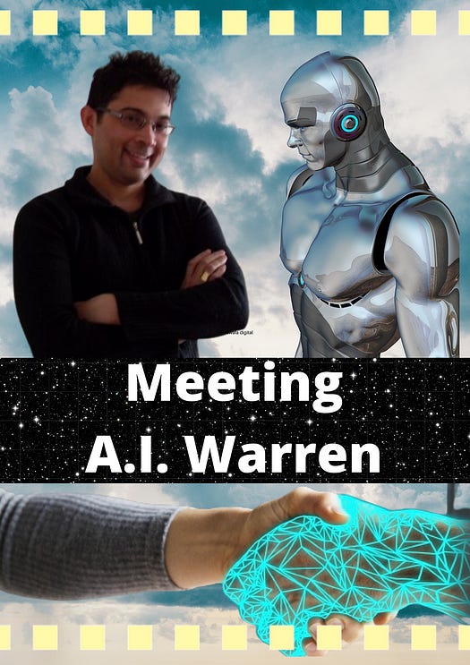 Warren poses next to Warren the Robot, image created in Canva