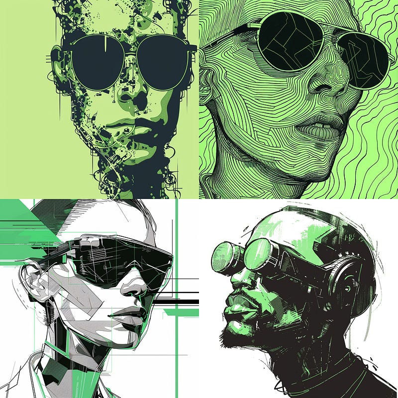 dystopic android with sunglasses in green and black tones