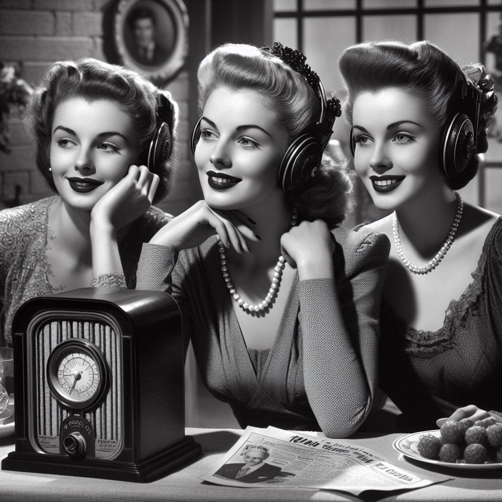 mulheres lindas escutando radionovelas em 1940