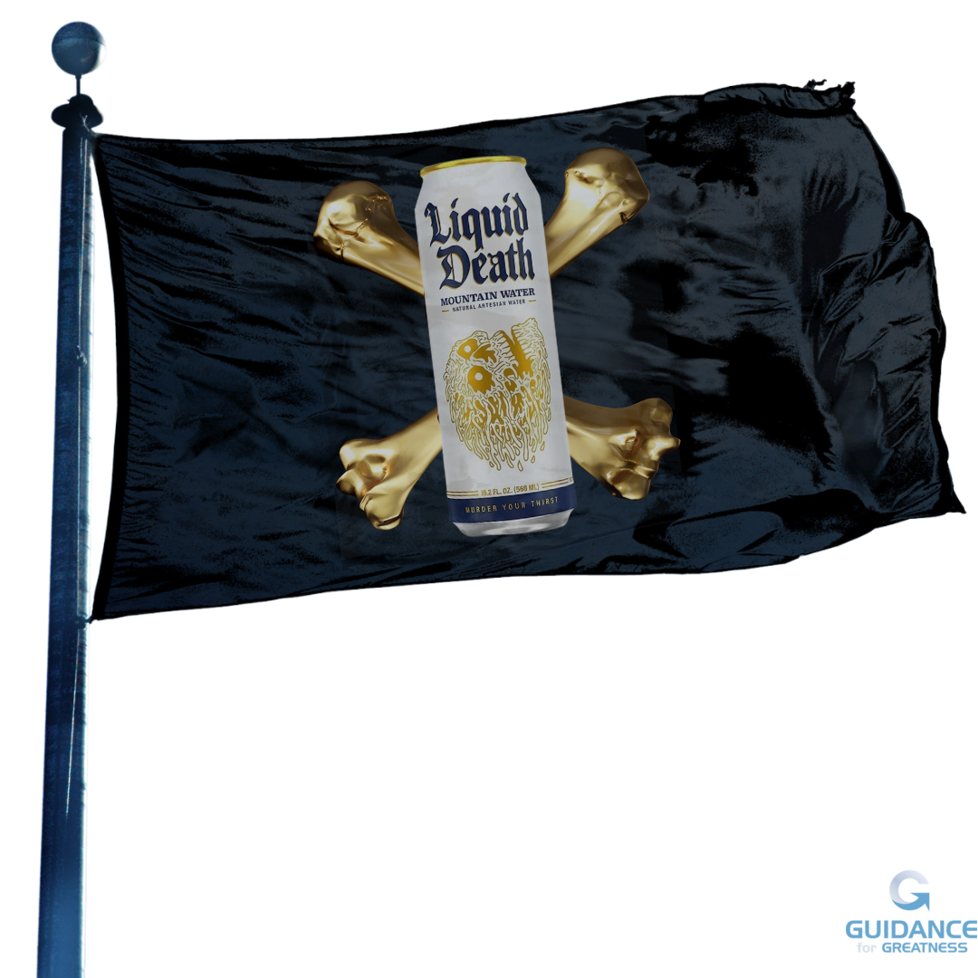 A black flag with an image of a can of Liquid Death and golden crossbones.