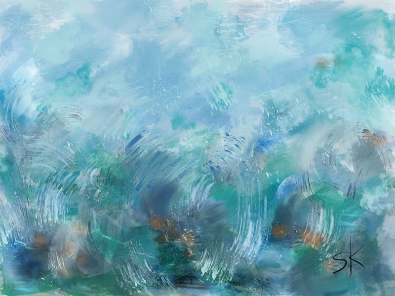 Abstract painting by Sherry Killam Arts with swirling blue green shapes of wind and waves.