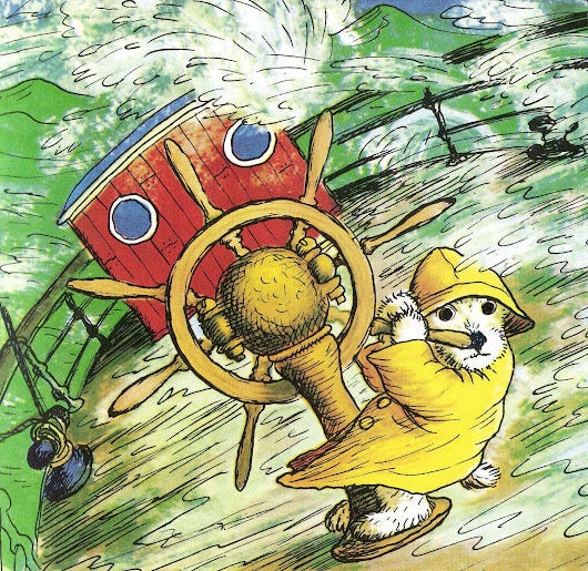 Illustration of a white terrier in a yellow mackinaw, steering his boat through a storm.